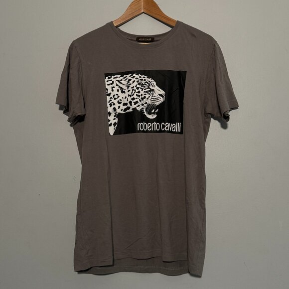 Roberto Cavalli Grey Tee with B&W Leopard Graphic Print Size XL - Picture 1 of 5